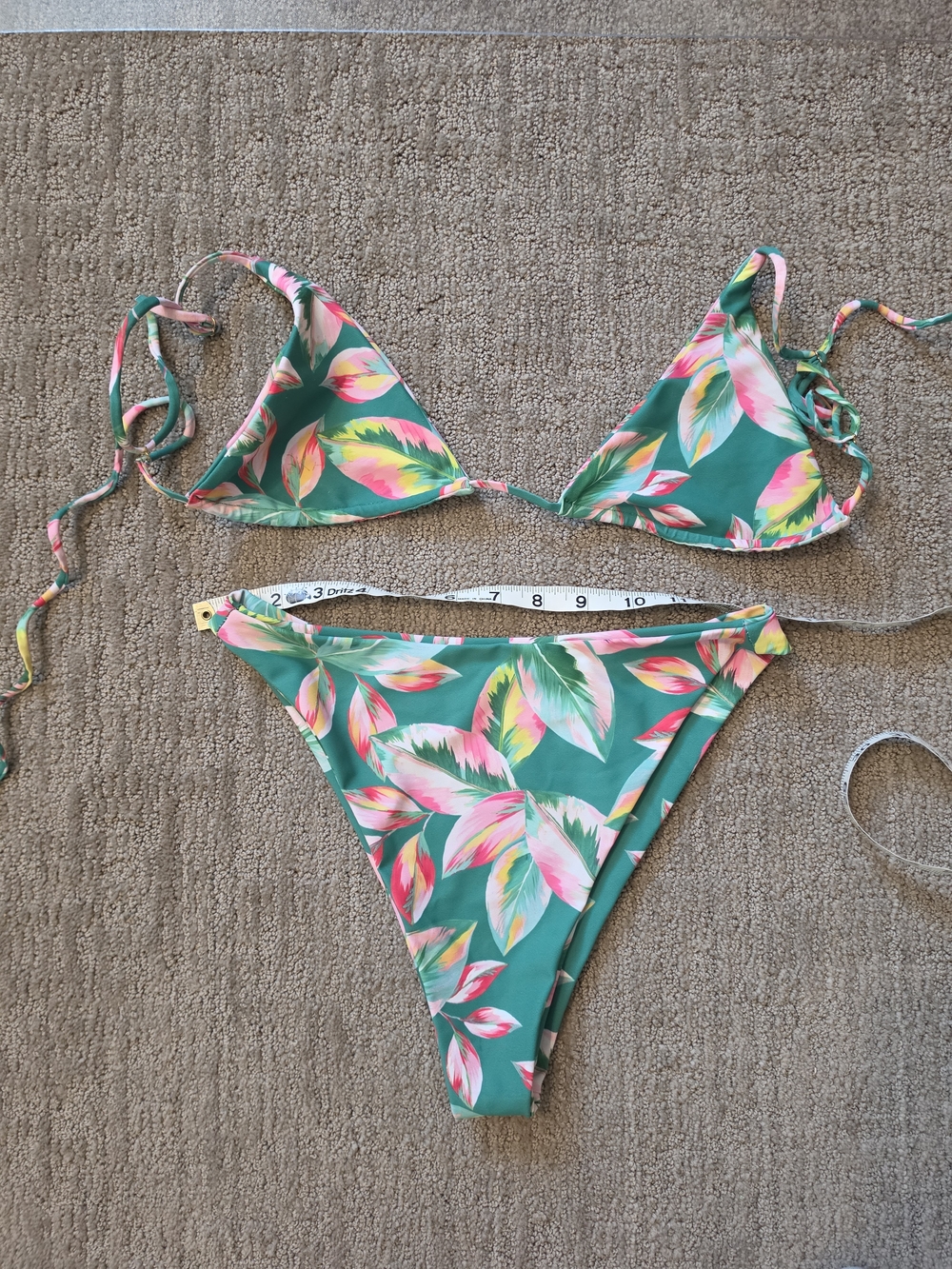 Green Tropical Leaf Tie Bikini Set with Pink Accents
